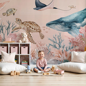 Ocean mural wallpaper with pastel underwater scene in modern nursery by Kids-Mundo