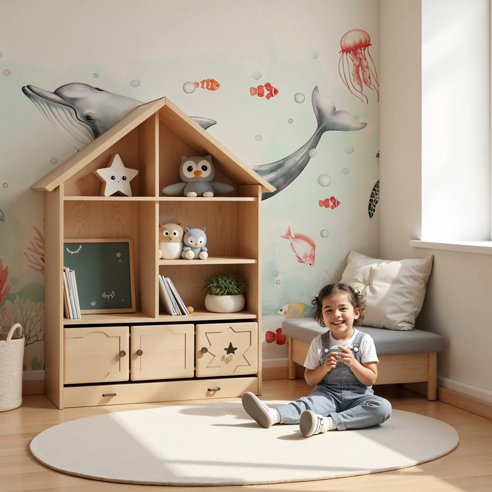 Ocean mural wallpaper with whales and dolphins in modern nursery by Kids-Mundo