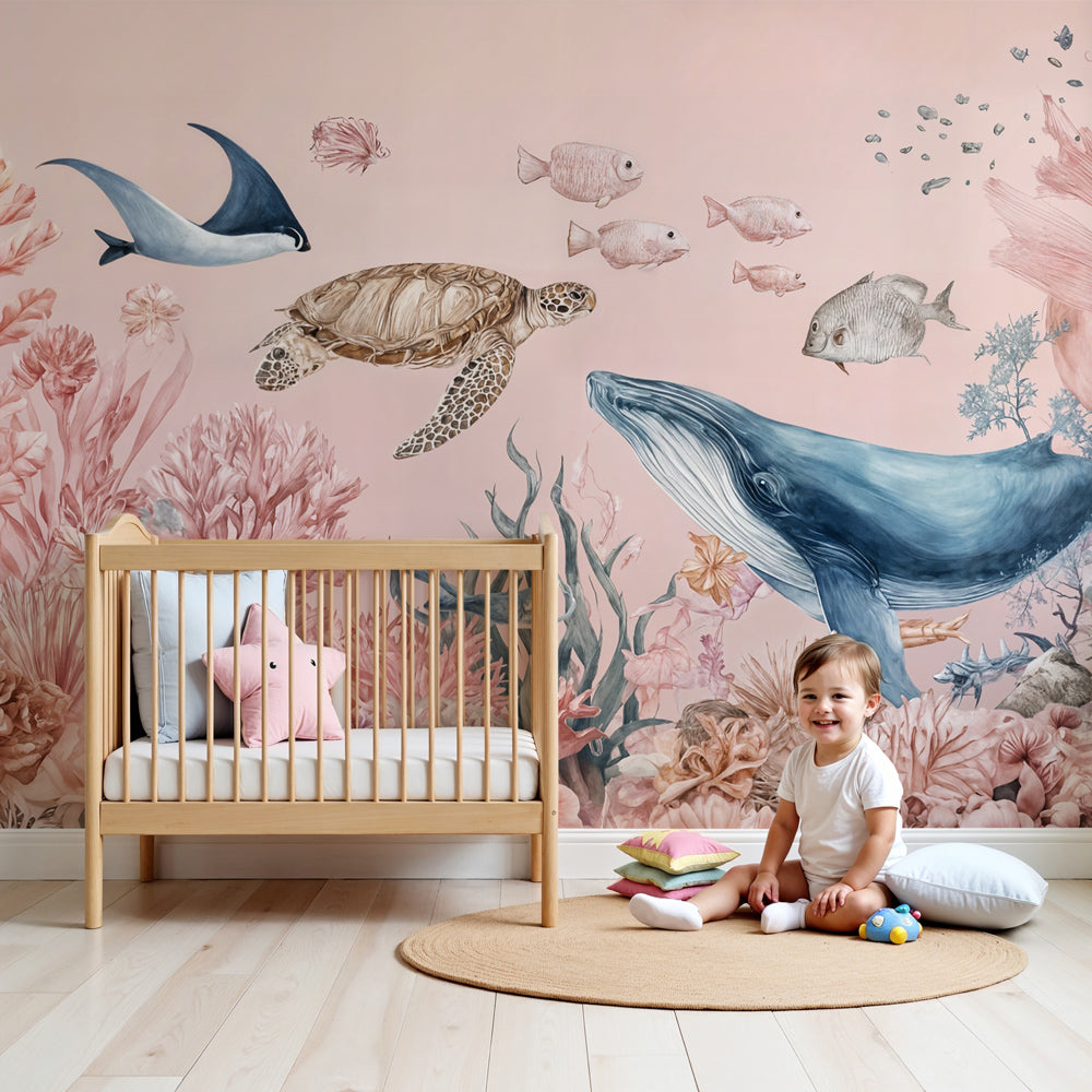 Pink ocean mural wallpaper with sea turtle and whale in modern kids nursery by Kids-Mundo