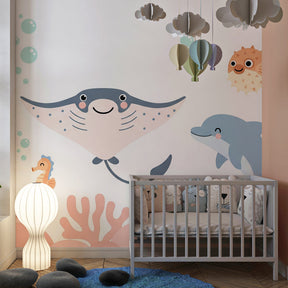 Sea life mural wallpaper transforming children's room into aquatic wonderland by Kids-Mundo