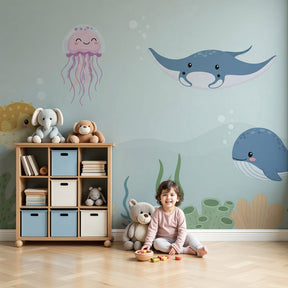 Ocean mural wallpaper with friendly sea creatures in modern kids nursery by Kids-Mundo