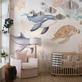 Enchanted ocean wallpaper creating magical underwater atmosphere in kids playroom decor