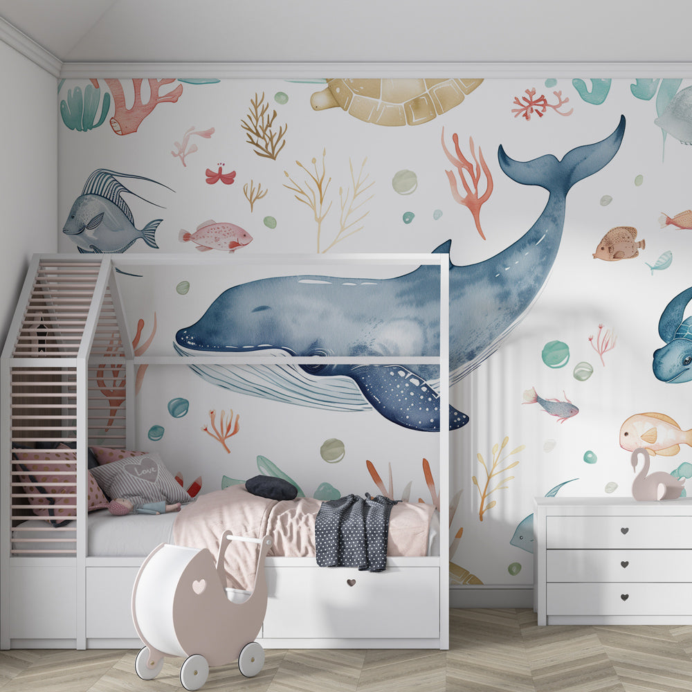 Blue ocean themed mural wallpaper transforming children's playroom into underwater world