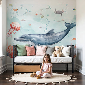 Ocean mural wallpaper with whales and corals in modern kids nursery by Kids-Mundo