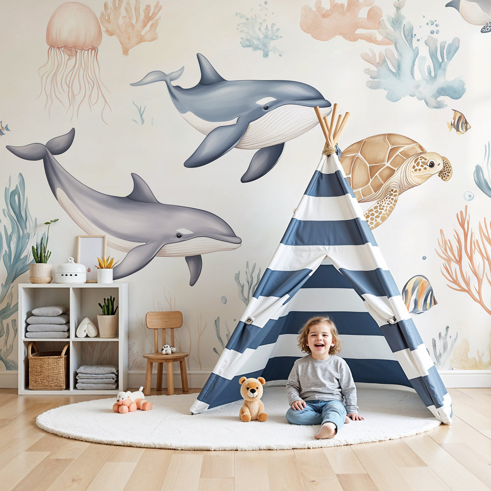 Ocean mural wallpaper with whales and sea turtle in modern children's bedroom by Kids-Mundo