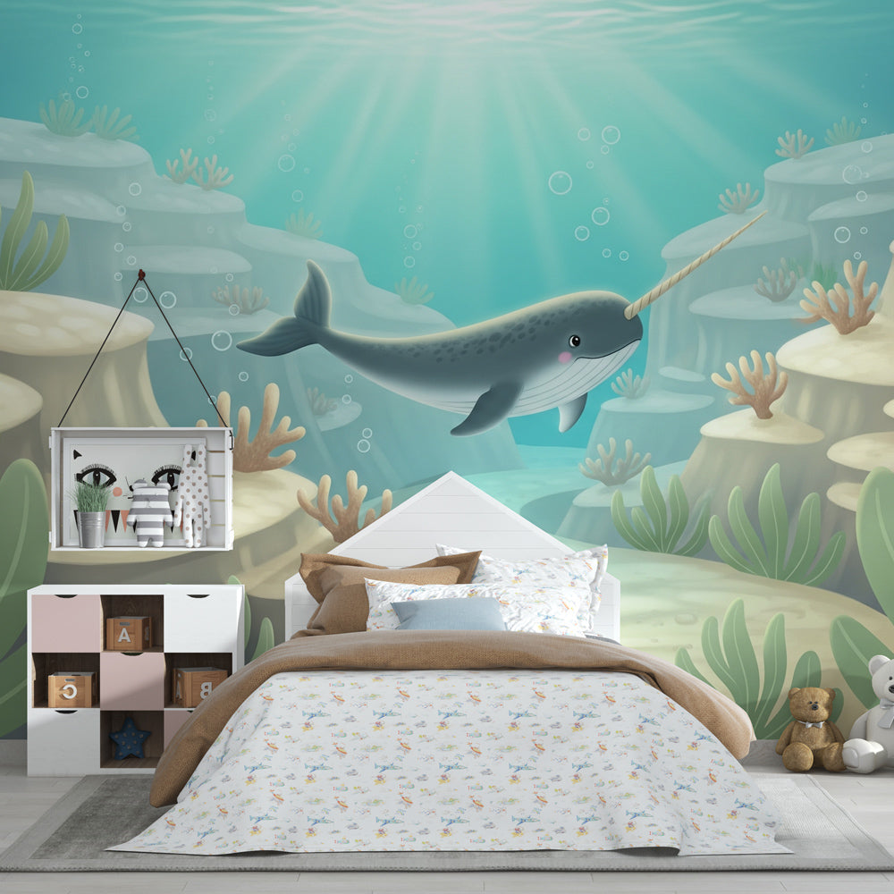 Underwater narwal wallpaper creating calming marine atmosphere in children's bedroom decor