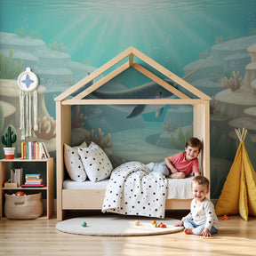 Ocean narwal mural wallpaper in modern baby nursery with coral underwater theme by Kids-Mundo