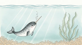 Detailed ocean narwhal mural wallpaper design pattern with bubbles and aquatic vegetation by Kids-Mundo