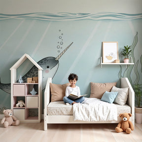 Ocean narwhal mural wallpaper transforming modern baby nursery with underwater theme by Kids-Mundo
