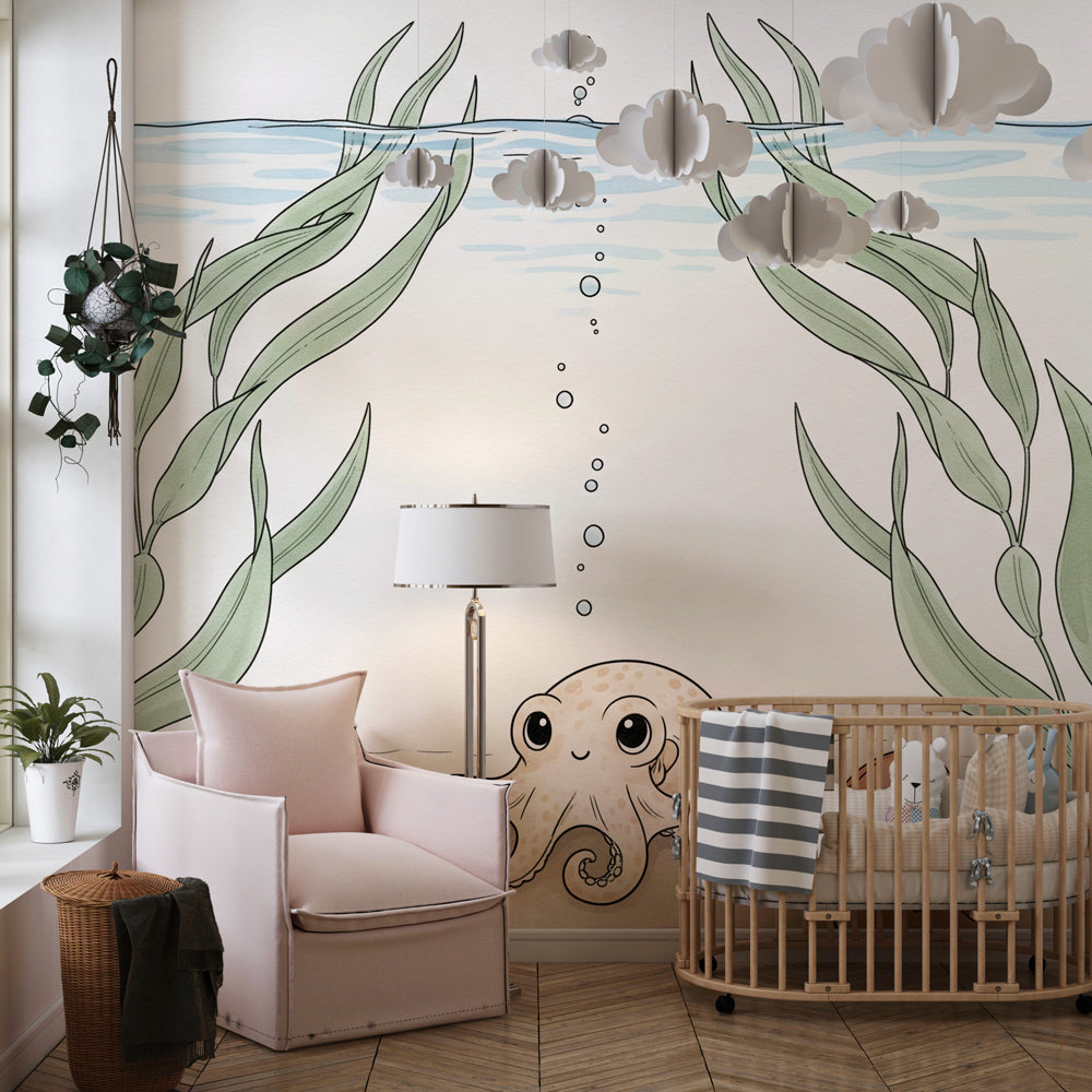 Underwater octopus wallpaper creating calming nursery atmosphere with pastel ocean colors