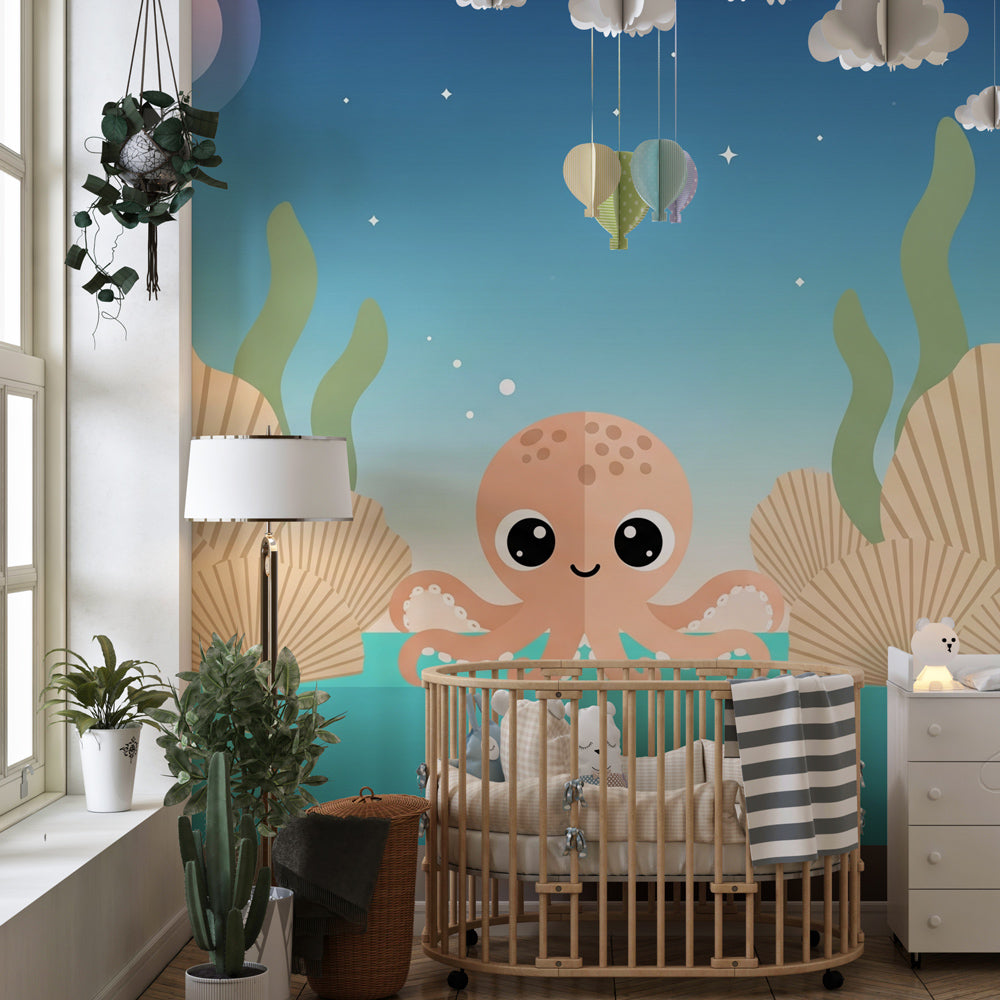 Charming octopus mural wallpaper for kids bedroom with marine theme by Kids-Mundo