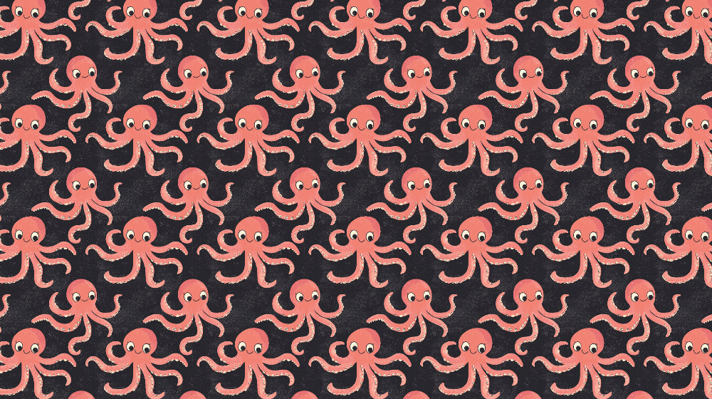 Detailed pink octopus mural wallpaper design pattern on navy background by Kids-Mundo
