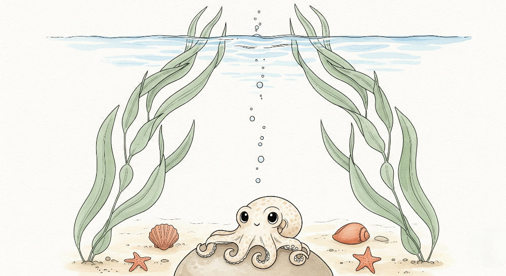 Detailed underwater octopus mural wallpaper design pattern with seaweed and bubbles by Kids-Mundo
