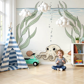 Ocean octopus mural wallpaper in modern baby nursery with underwater theme by Kids-Mundo