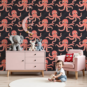Ocean octopus mural wallpaper in modern nursery with pink sea creatures on navy background by Kids-Mundo