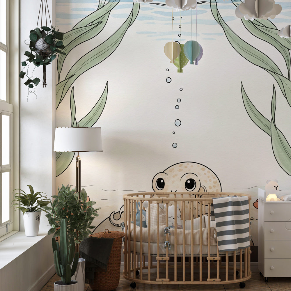 Gentle ocean mural wallpaper with cute octopus character in peaceful toddler room setting