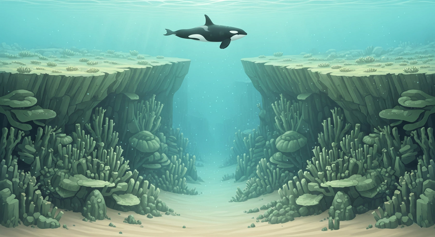 Detailed ocean orca mural wallpaper design pattern showing coral reef and marine life by Kids-Mundo