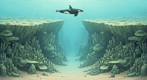 Detailed ocean orca mural wallpaper design pattern showing coral reef and marine life by Kids-Mundo