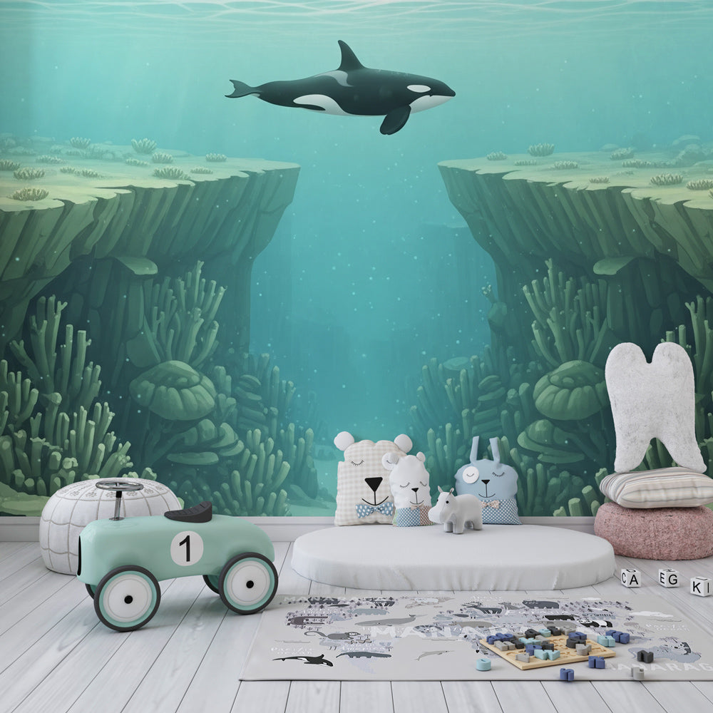 Underwater orca wallpaper transforming children's bedroom into aquatic adventure space