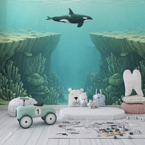 Underwater orca wallpaper transforming children's bedroom into aquatic adventure space