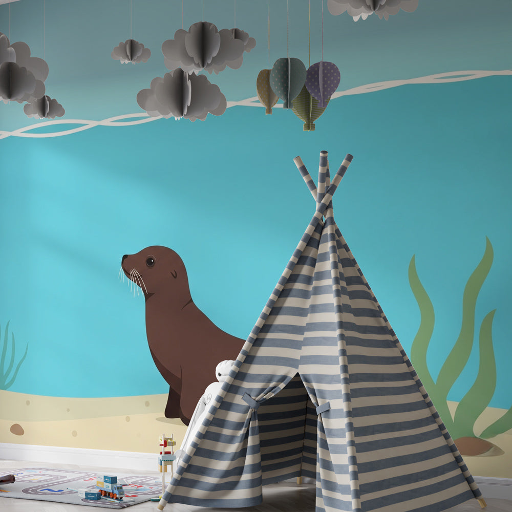 Underwater otter wallpaper creating calming blue ocean atmosphere in kids bedroom