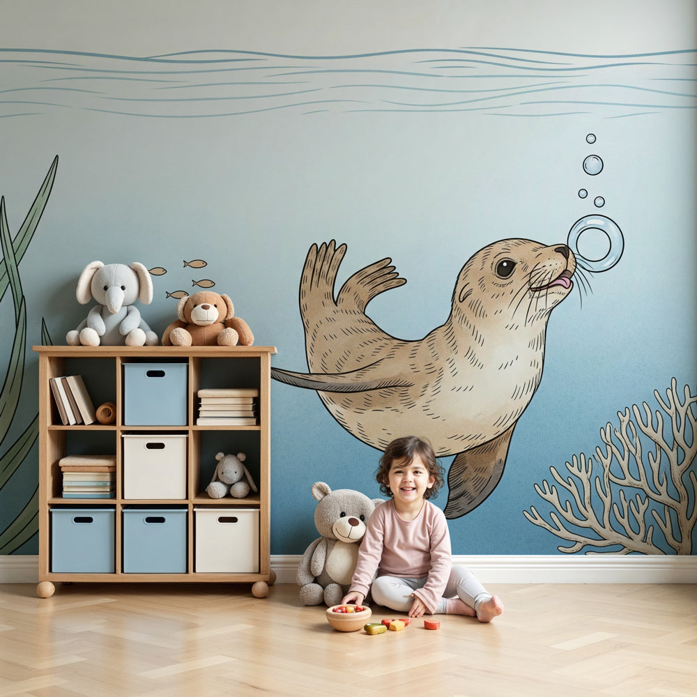 Ocean otter mural wallpaper creating peaceful underwater nursery decor by Kids-Mundo