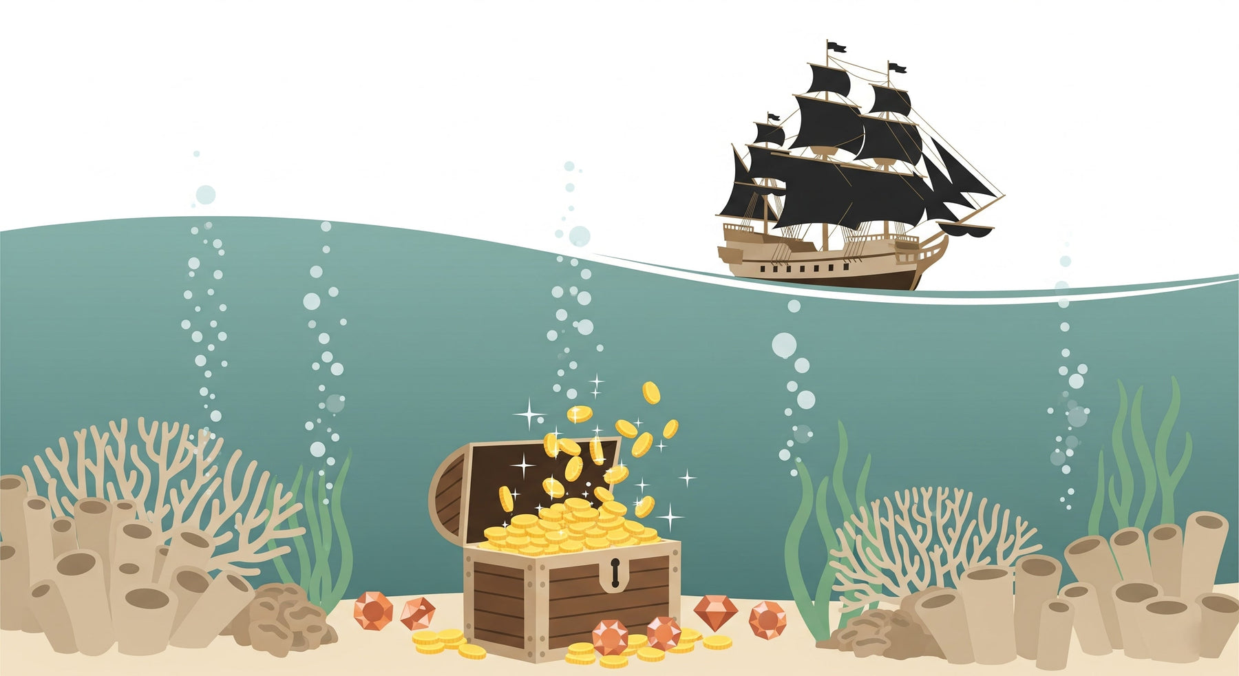 Detailed ocean pirate treasure mural wallpaper design pattern with coral and ship by Kids-Mundo