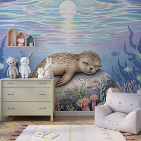 Marine life mural wallpaper with sea lion and coral reef for kids coastal themed room