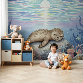 Ocean sea lion mural wallpaper in modern nursery with underwater coral reef theme by Kids-Mundo