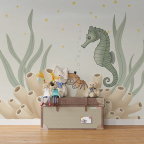 Underwater seahorse and crab mural wallpaper for calming baby bedroom by Kids-Mundo