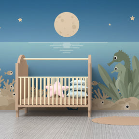 Underwater seahorse wallpaper in serene kids bedroom with soft blue marine tones