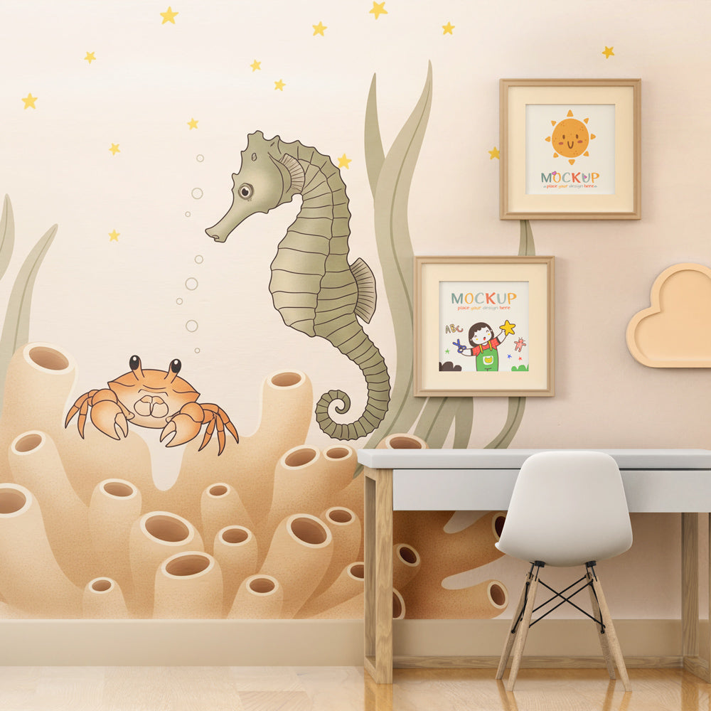 Soft beige ocean themed mural wallpaper with seahorse for children's room by Kids-Mundo