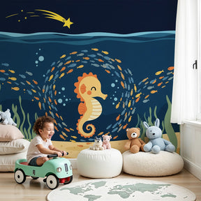 Ocean seahorse mural wallpaper in modern nursery with underwater theme by Kids-Mundo