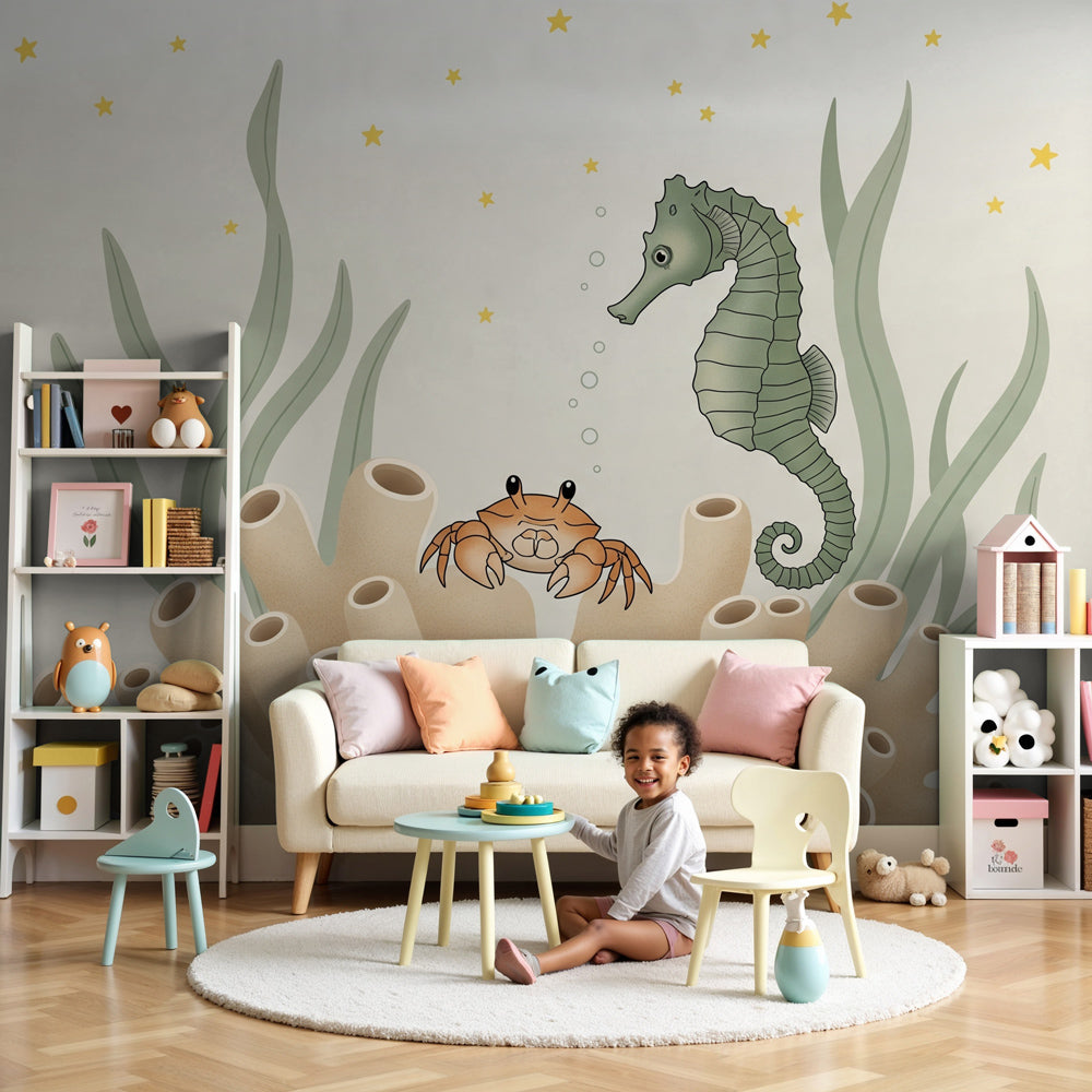 Ocean seahorse mural wallpaper creating peaceful underwater nursery decor by Kids-Mundo