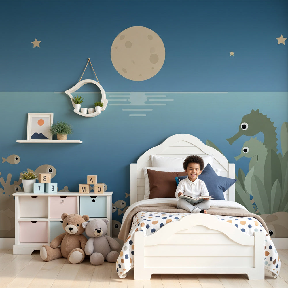 Ocean seahorse mural wallpaper creating peaceful underwater nursery decor by Kids-Mundo