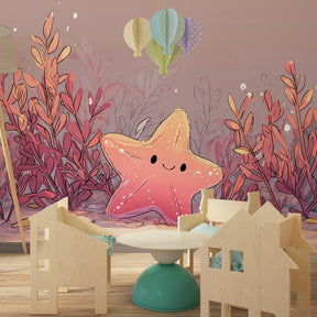Happy starfish wallpaper with sea grass design in modern children's bedroom setting