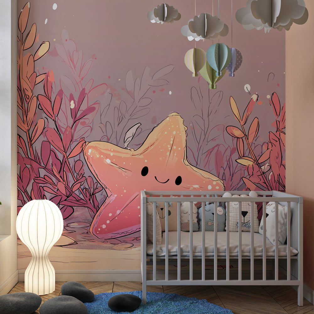 Underwater themed mural wallpaper featuring cheerful starfish for kids playroom by Kids-Mundo