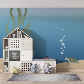 Underwater themed wallpaper creating calm marine atmosphere in baby bedroom decor