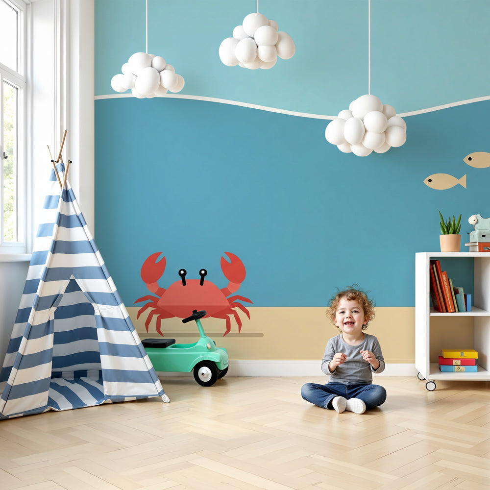 Ocean submarine mural wallpaper creating underwater adventure theme in modern kids bedroom by Kids-Mundo