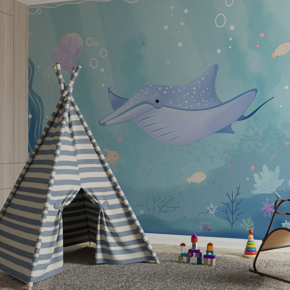 Underwater themed mural wallpaper creating magical ocean atmosphere in children's bedroom