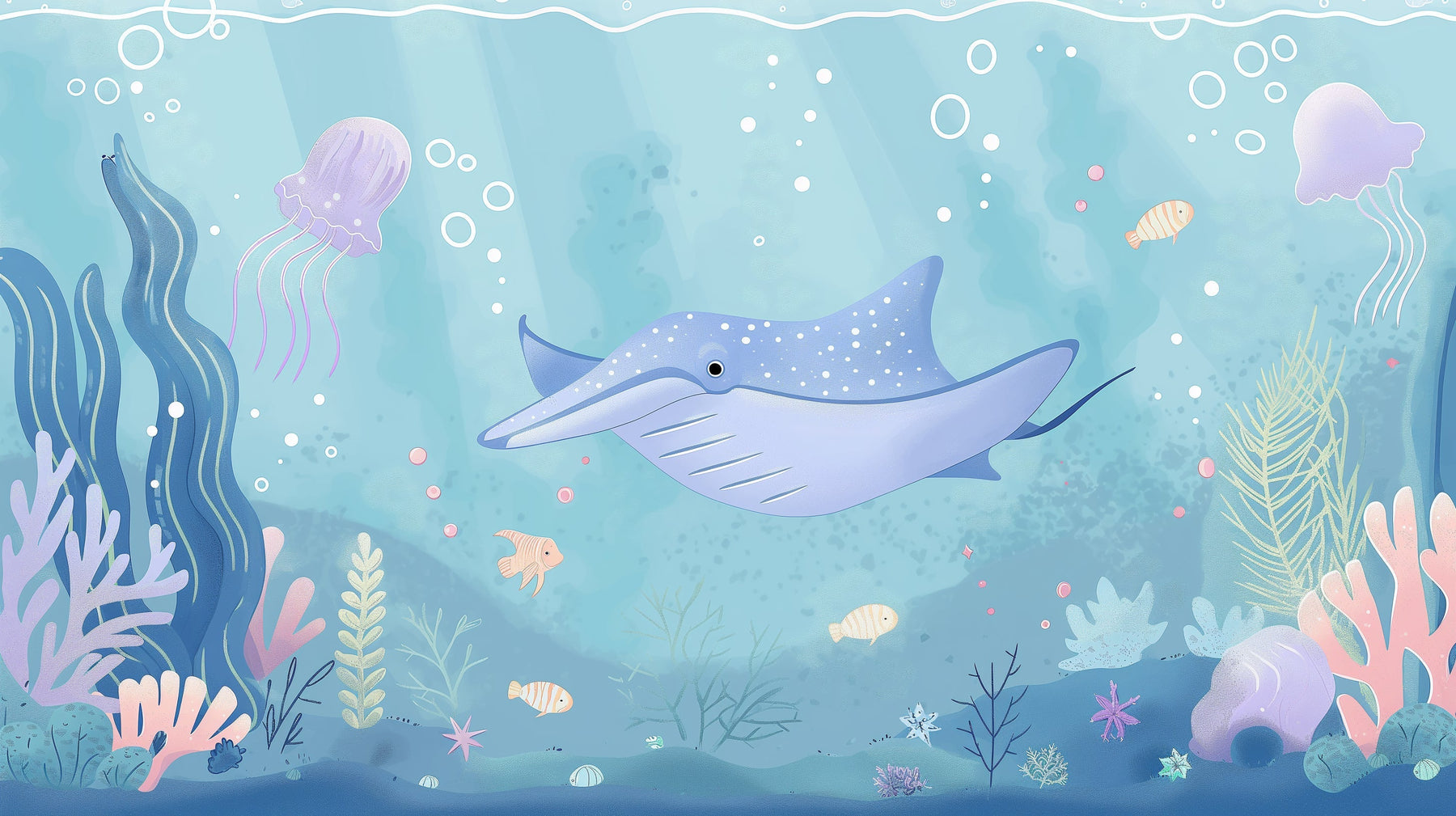 Detailed ocean submarine mural wallpaper design pattern with stingray and coral reef by Kids-Mundo