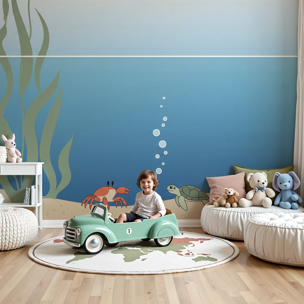 Ocean submarine mural wallpaper with sea creatures in modern baby nursery by Kids-Mundo