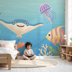 Ocean submarine mural wallpaper in modern nursery with underwater theme by Kids-Mundo