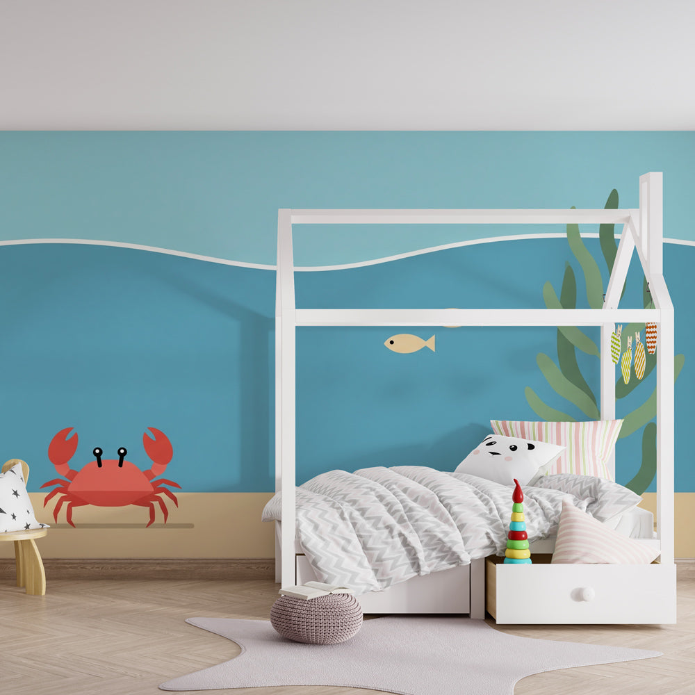 Marine adventure wallpaper with friendly crab and fish decorating peaceful nursery room