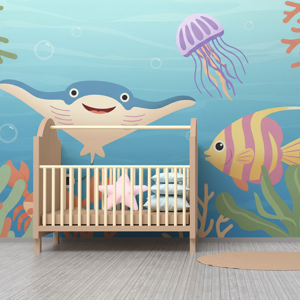 Marine life wallpaper with lionfish and jellyfish for children's playroom decor