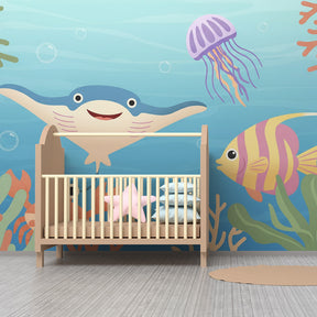 Marine life wallpaper with lionfish and jellyfish for children's playroom decor