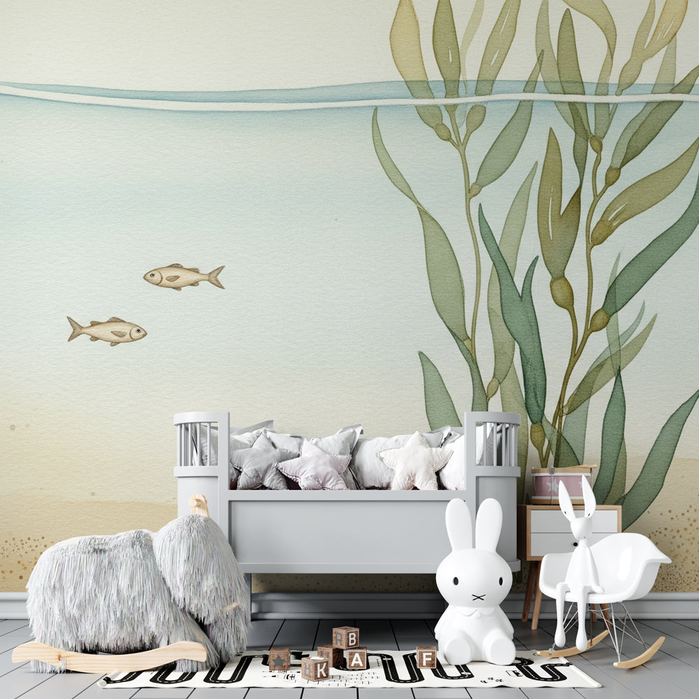 Marine life mural wallpaper with crab and fish decorating kids playroom walls