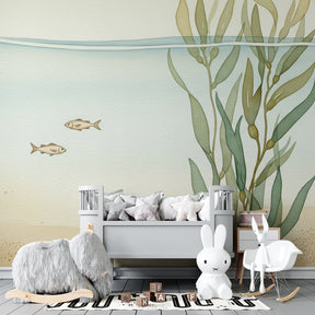 Marine life mural wallpaper with crab and fish decorating kids playroom walls