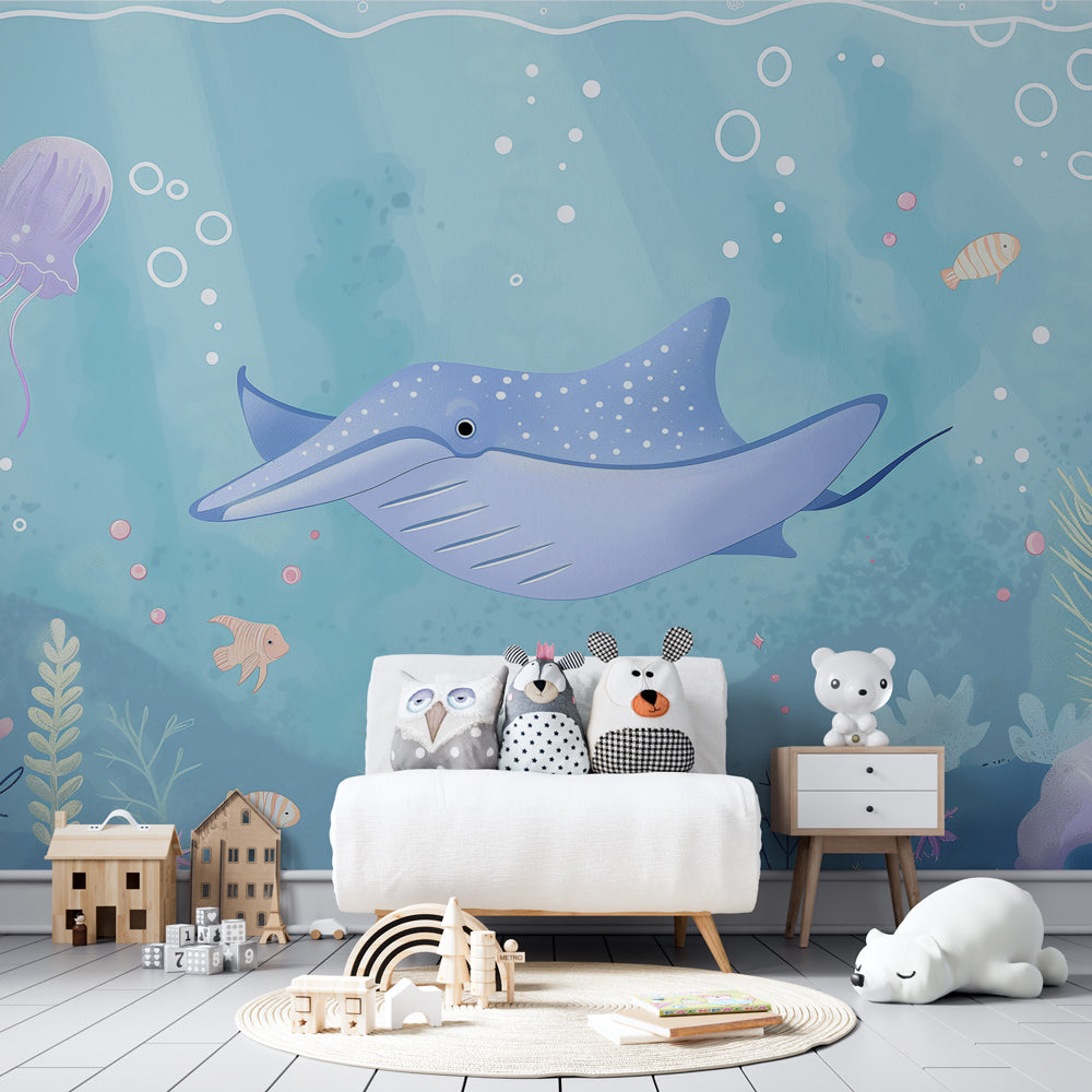 Marine life wallpaper featuring colorful fish and corals in bright kids playroom setting