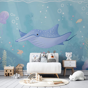 Marine life wallpaper featuring colorful fish and corals in bright kids playroom setting